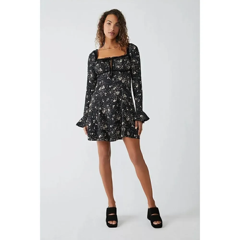 NWT Free People Tess Floral Print Long Sleeve Mini Dress in Black Combo, Size XS